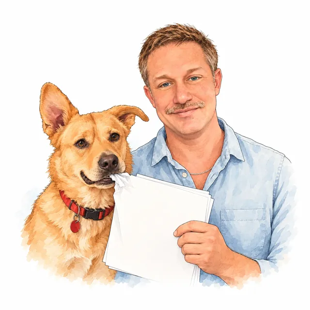 Keith G. Johnson smiles while holding a stack of pages. His dog, Recon, has the corner of the stack in his mouth.
