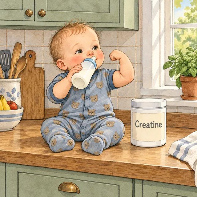 A baby in teddy-bear pajamas sits on the kitchen counter, drinking from a bottle and flexing one arm, beside a large tub labeled Creatine.