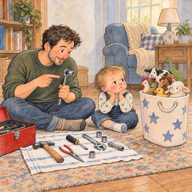 A father sitting on the living-room rug holds up a socket wrench and points at it. Beside him, a toddler rests its chin in its hands. Tools are laid out on a towel, and a basket of toy farm animals sits untouched.