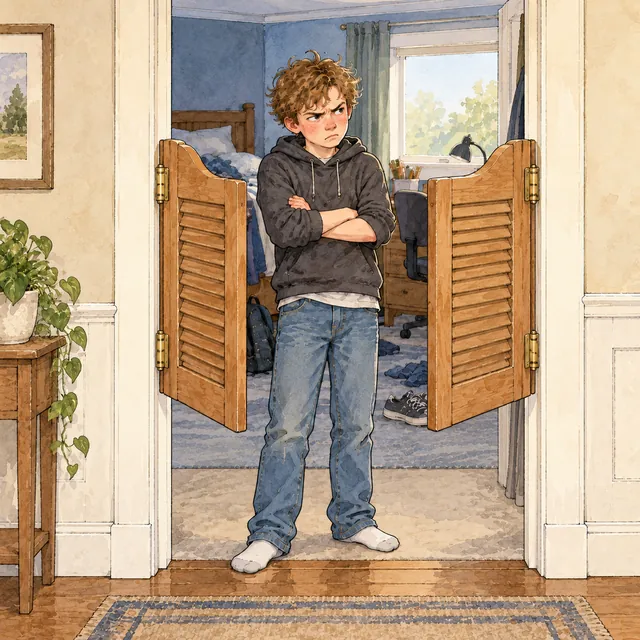 A scowling teenage boy stands with his arms crossed in his bedroom doorway, which is fitted with swinging saloon doors.
